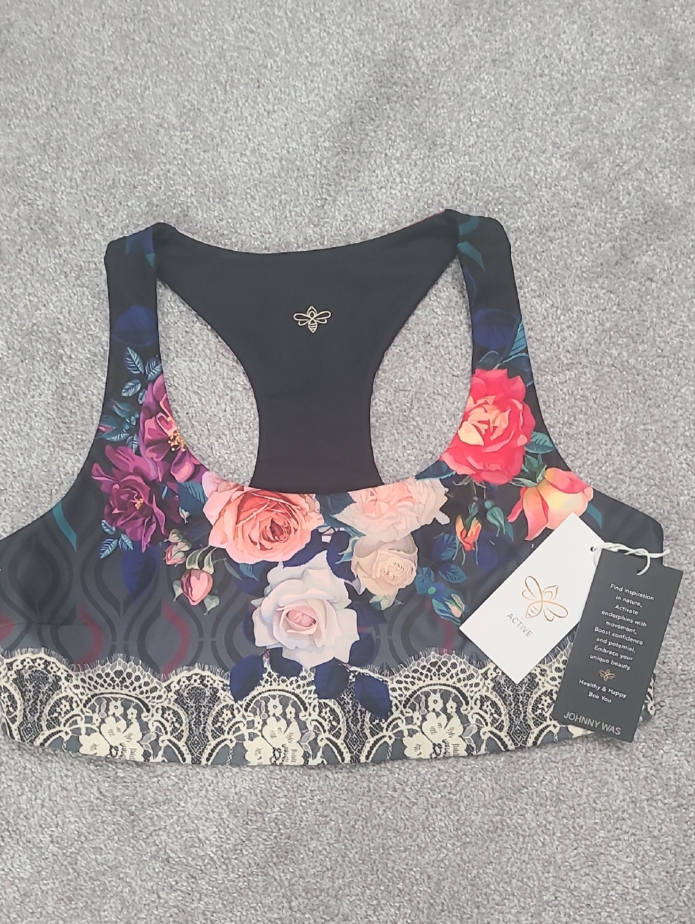 Johnny Was Reversible  Black Floral Lace-Trim Racerback Sports Bra